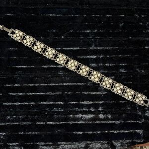 Vintage Silver Tone & Copper Filigree Tiny Faux Pearl Panel Bracelet